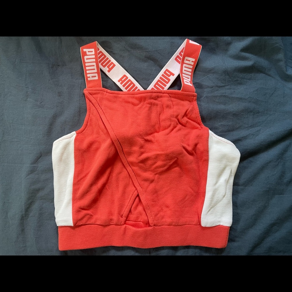 Puma Crisscross Strapped Crop Top with Keyhole Cut Out in Burn Orange & White